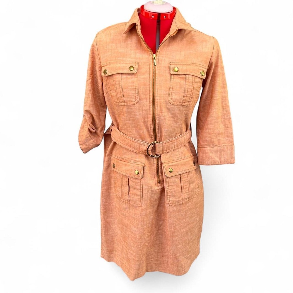 Sharagano Orange Cotton Blend Shirt Dress Cuffed Sleeves Belt Pockets Size 12